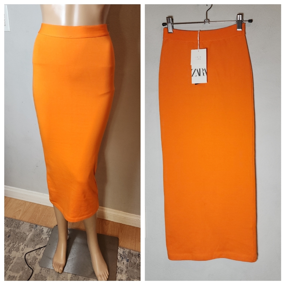 Zara Orange Pull-On Cotton Jersey Midi Maxi Skirt Size Small Stretch